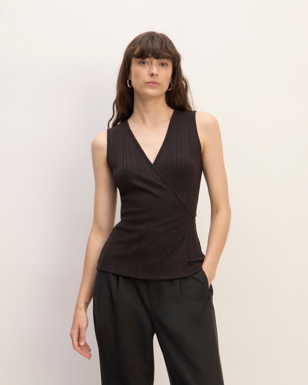 Everlane Rib Wrap Top Black Sleeveless Tie Waist Knit NWT Size L
